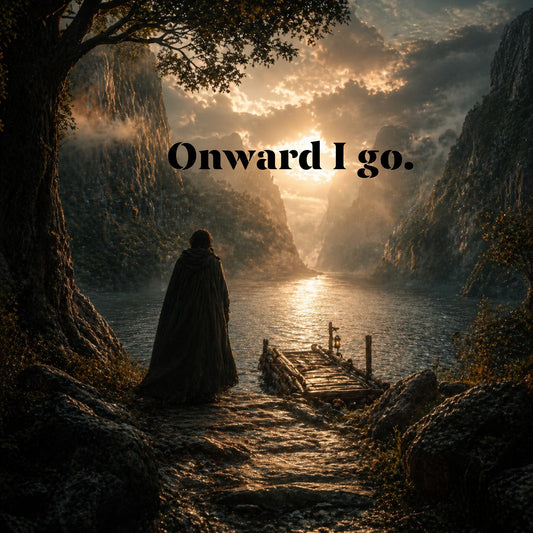 A cloaked figure standing at the edge of a river with a raft, rays of light breaking through the canyon — Onward I go.