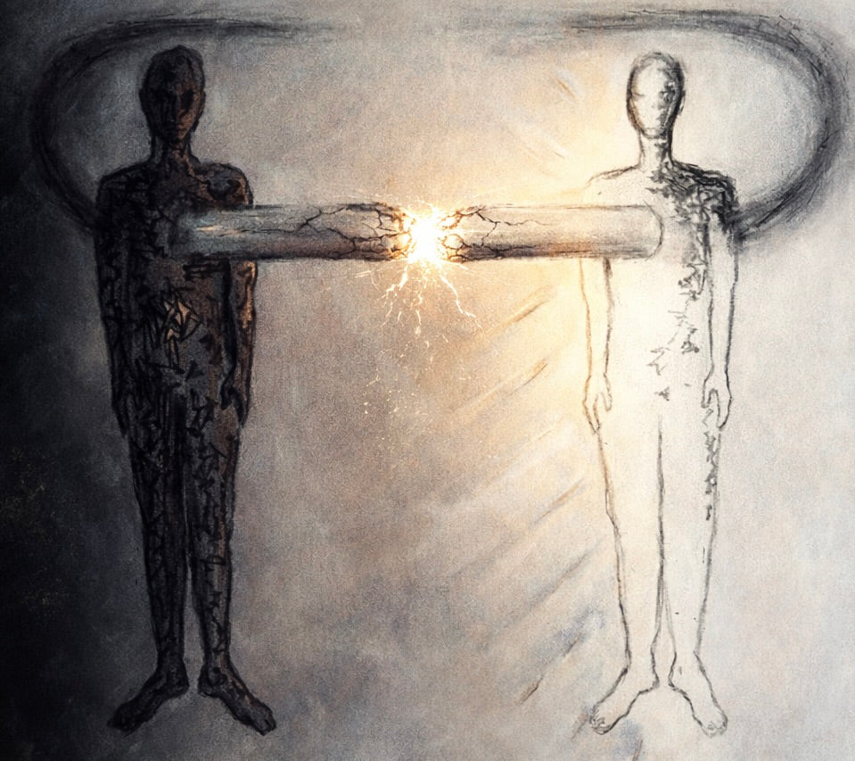 Two figures — one dark, one light — connected by an energetic glowing cord, representing the empath-narcissist dynamic